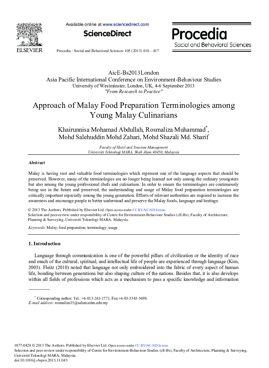 Approach of Malay Food Preparation Terminologies Among Young Malay Culinarians 