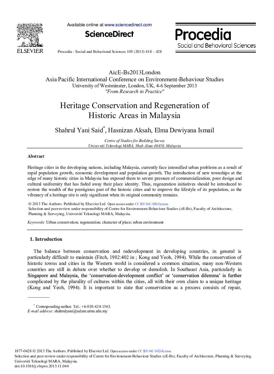 Heritage Conservation and Regeneration of Historic Areas in Malaysia 