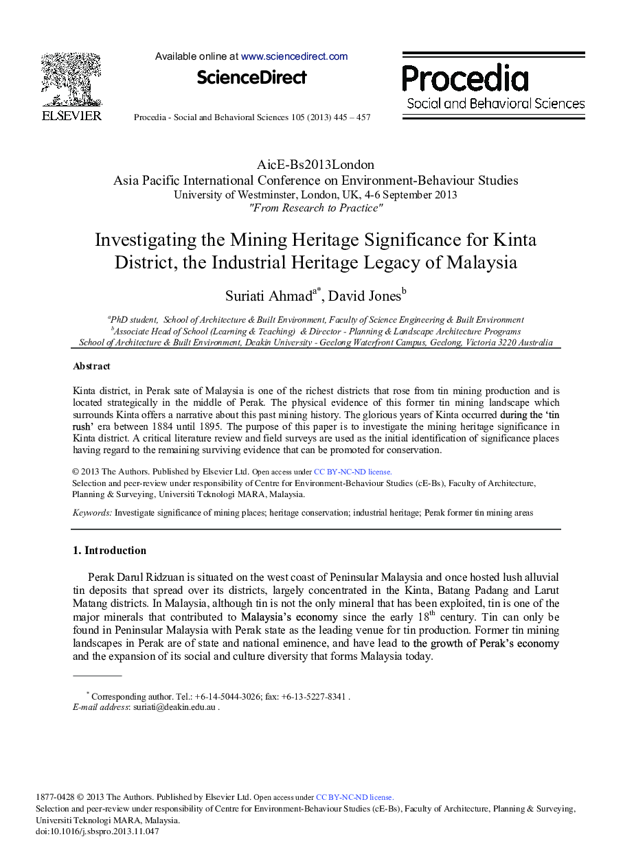 Investigating the Mining Heritage Significance for Kinta District, the Industrial Heritage Legacy of Malaysia 