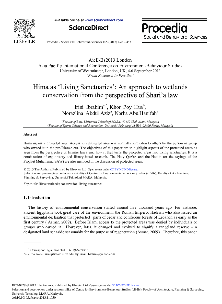 Hima as ‘Living Sanctuaries’: An Approach to Wetlands Conservation from the Perspective of Shari’a Law 