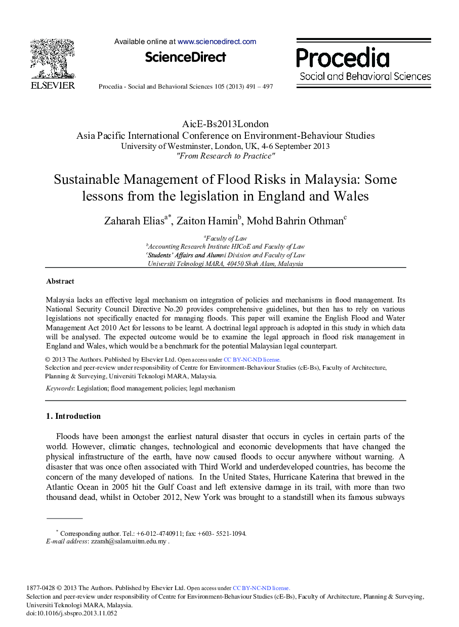 Sustainable Management of Flood Risks in Malaysia: Some Lessons from the Legislation in England and Wales 