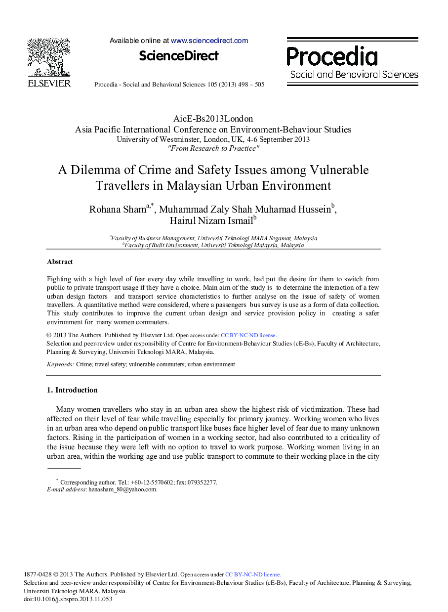 A Dilemma of Crime and Safety Issues among Vulnerable Travellers in Malaysian Urban Environment 