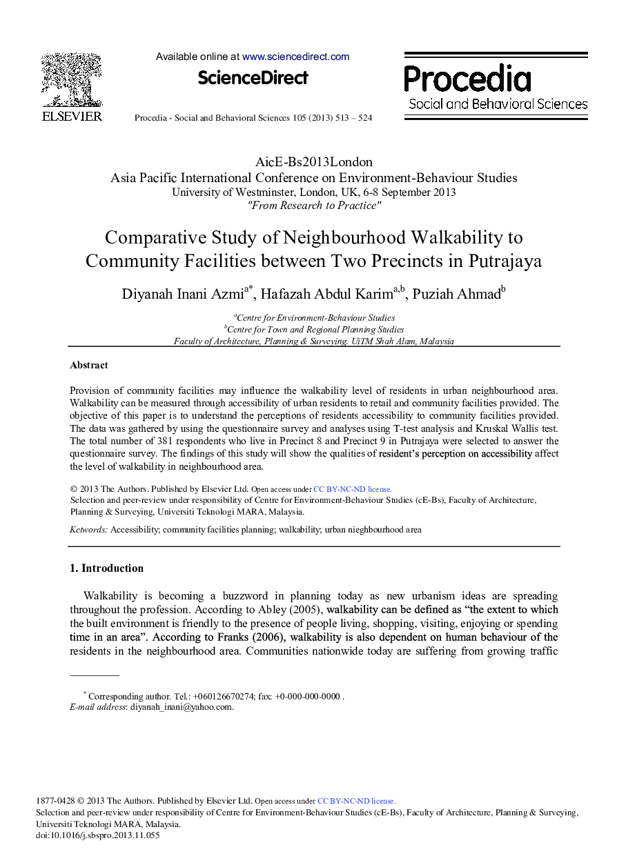 Comparative Study of Neighbourhood Walkability to Community Facilities between Two Precincts in Putrajaya 