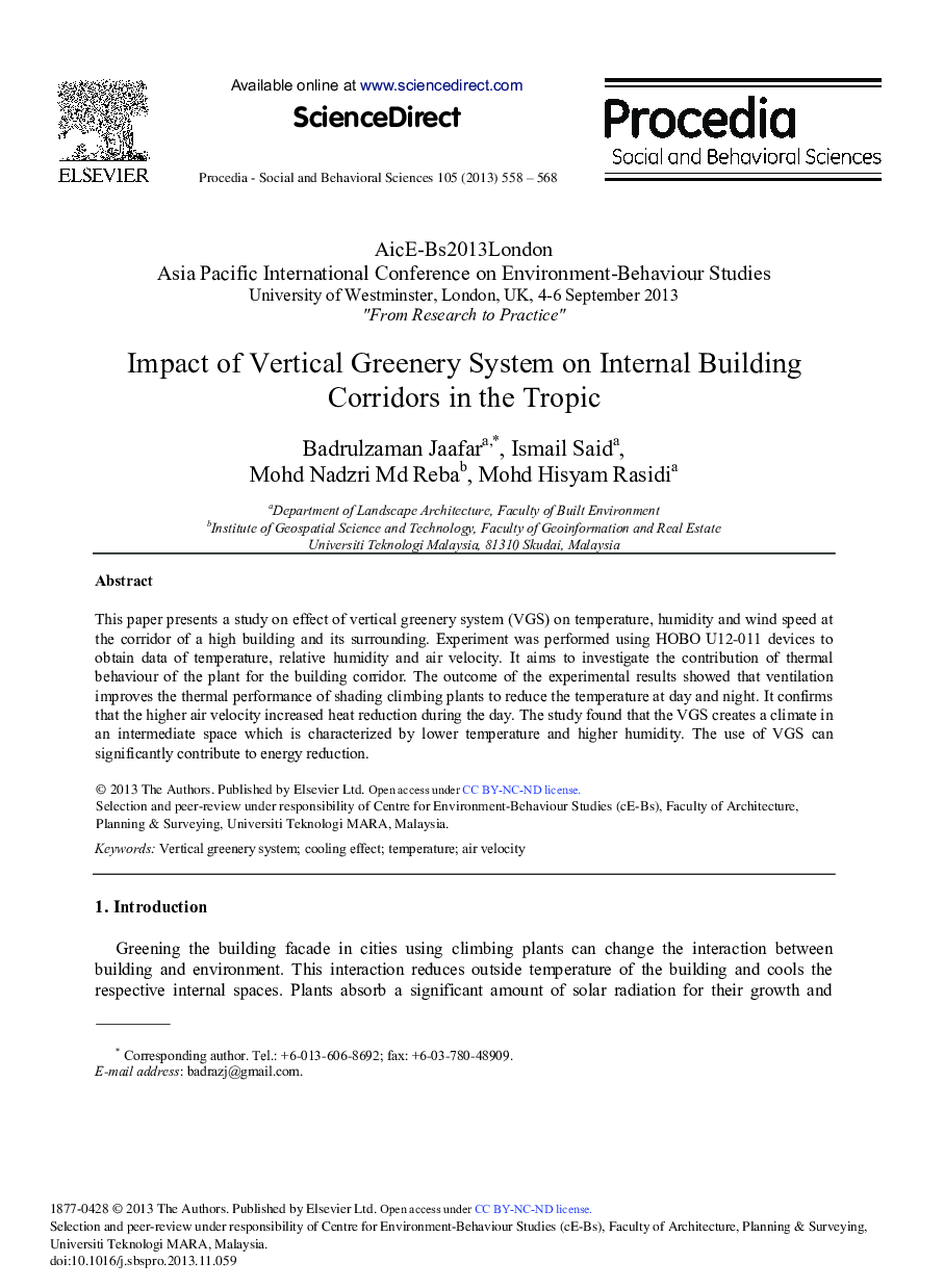 Impact of Vertical Greenery System on Internal Building Corridors in the Tropic 