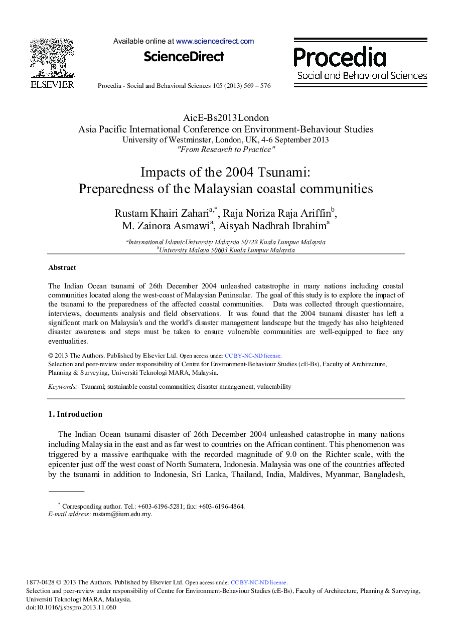 Impacts of the 2004 Tsunami: Preparedness of the Malaysian Coastal Communities 