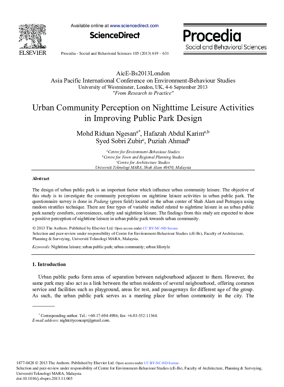 Urban Community Perception on Nighttime Leisure Activities in Improving Public Park Design 