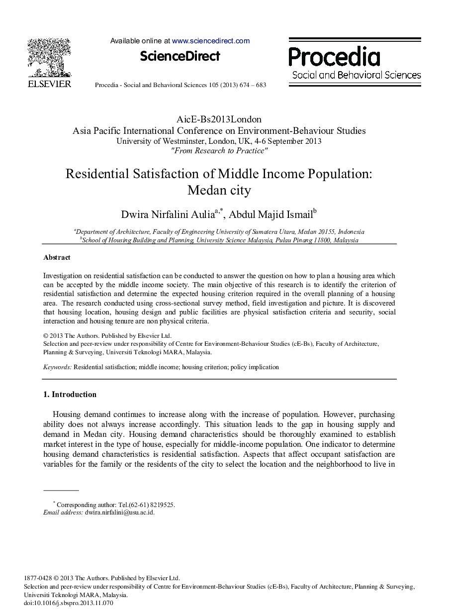 Residential Satisfaction of Middle Income Population: Medan city