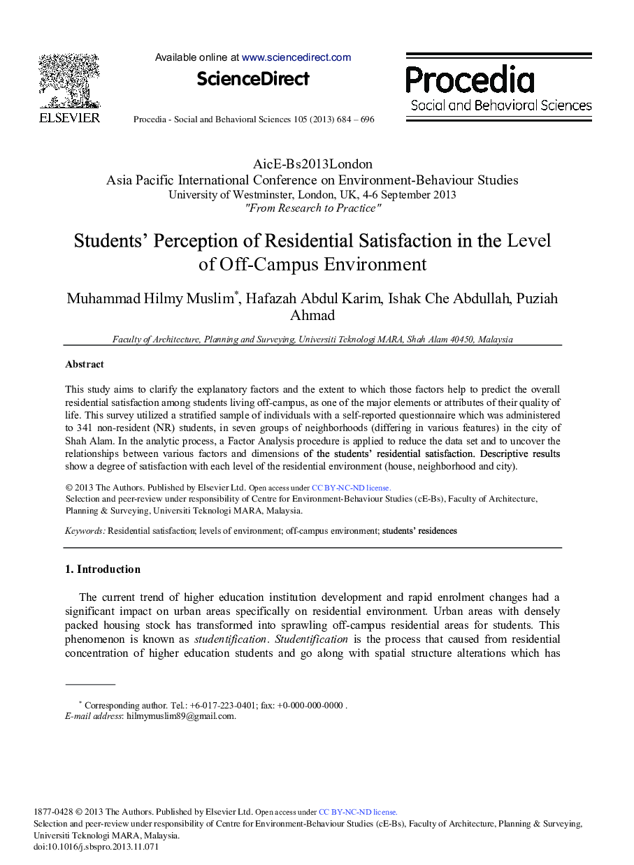 Students’ Perception of Residential Satisfaction in the Level of Off-Campus Environment 