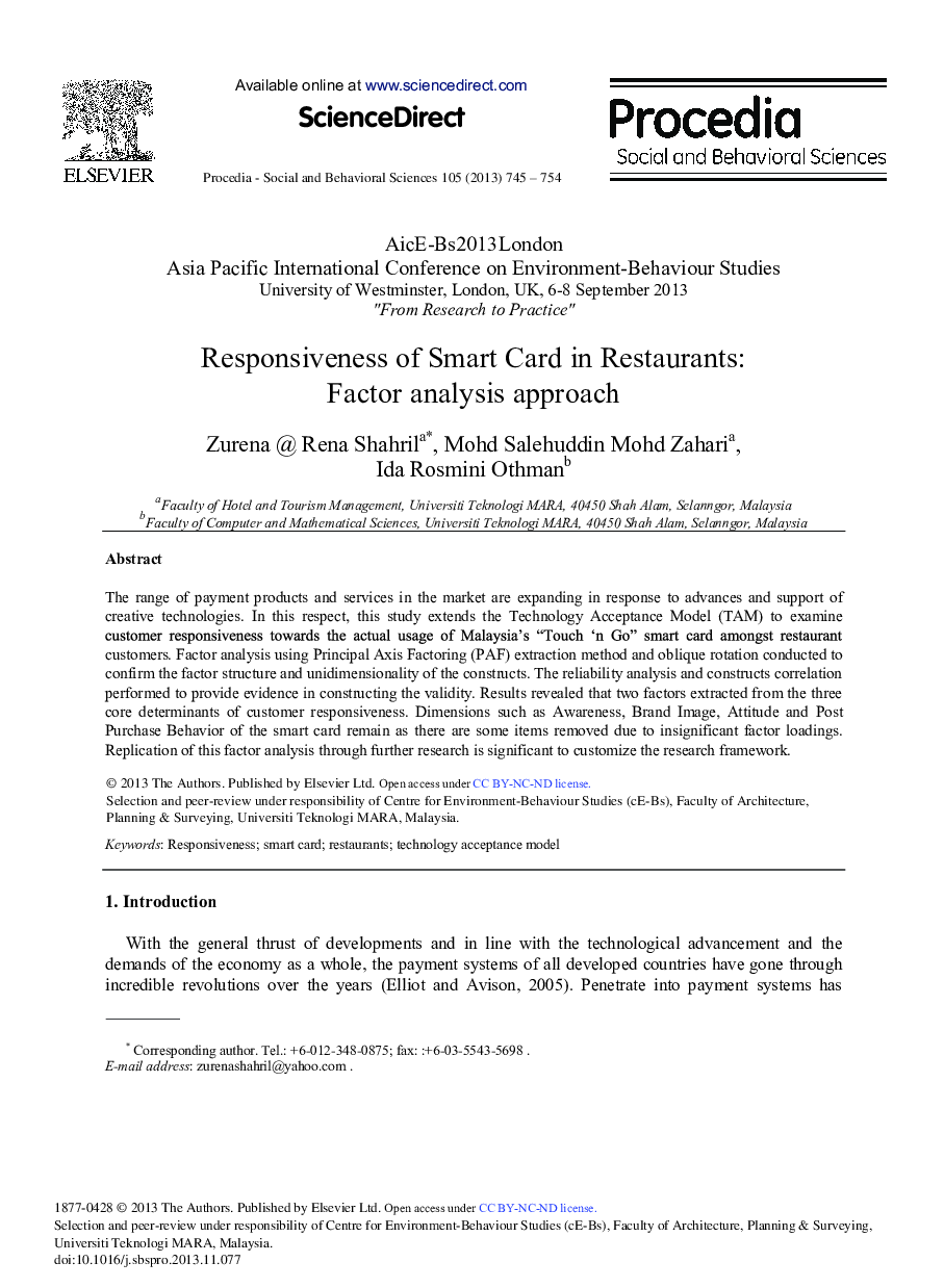 Responsiveness of Smart Card in Restaurants: Factor Analysis Approach 