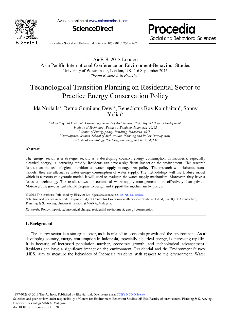 Technological Transition Planning on Residential Sector to Practice Energy Conservation Policy 