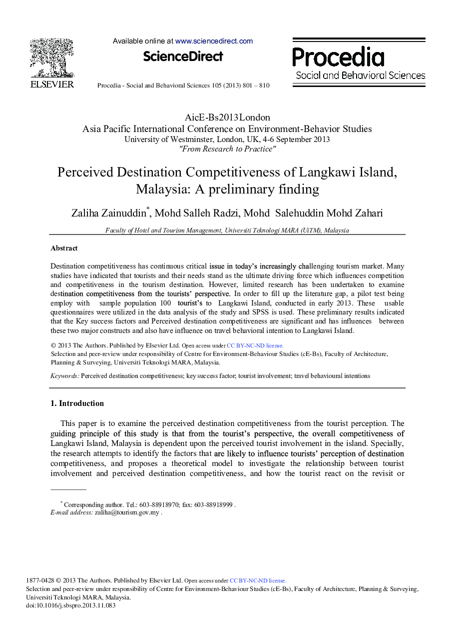 Perceived Destination Competitiveness of Langkawi Island, Malaysia: A preliminary finding 