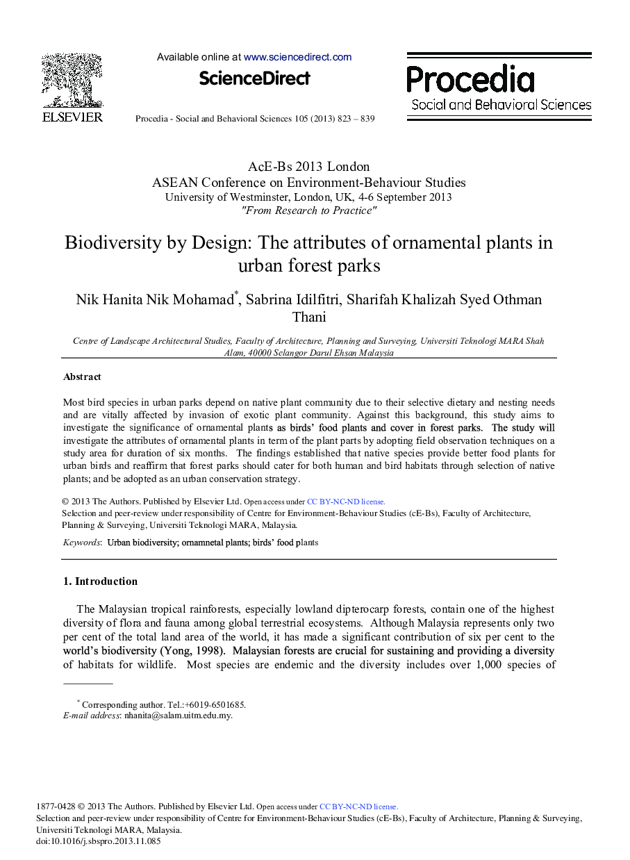 Biodiversity by Design: The attributes of ornamental plants in urban forest parks 