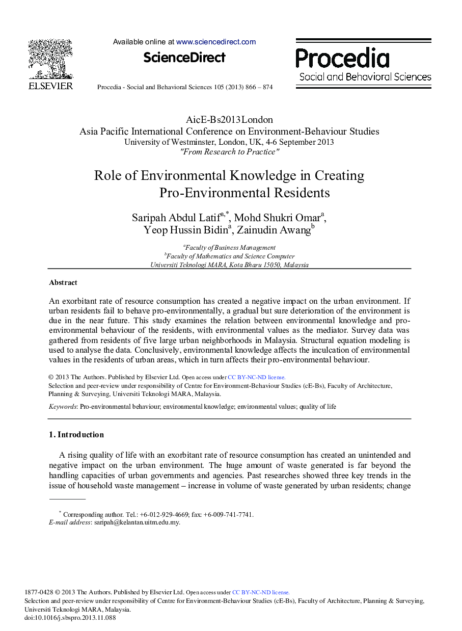 Role of Environmental Knowledge in Creating Pro-Environmental Residents 