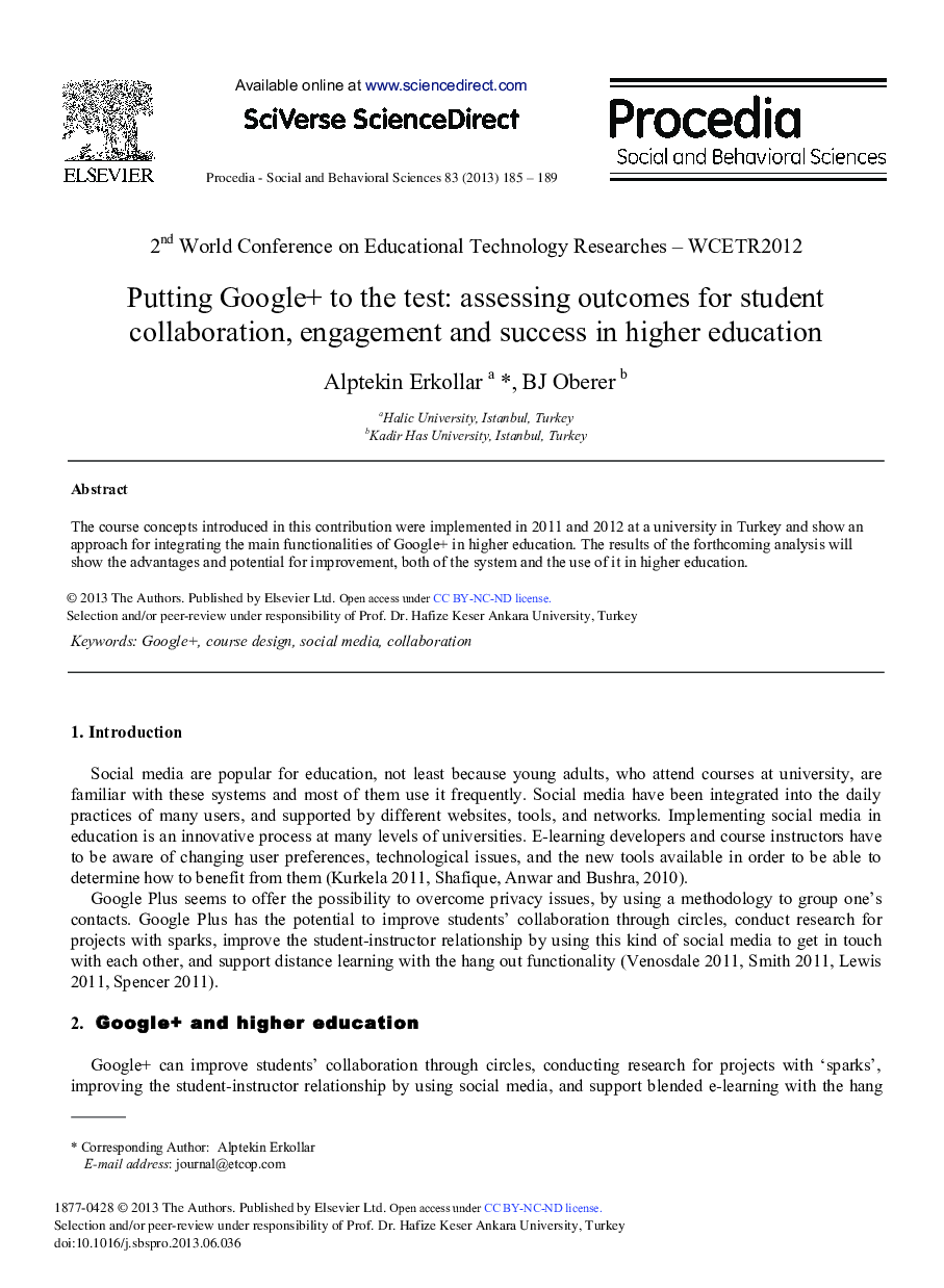 عکس صفحه اول مقاله: Putting Google+ to the Test: Assessing Outcomes for Student Collaboration, Engagement and Success in Higher Education Putting Google+ to the Test: Assessing Outcomes for Student Collaboration, Engagement and Success in Higher Education