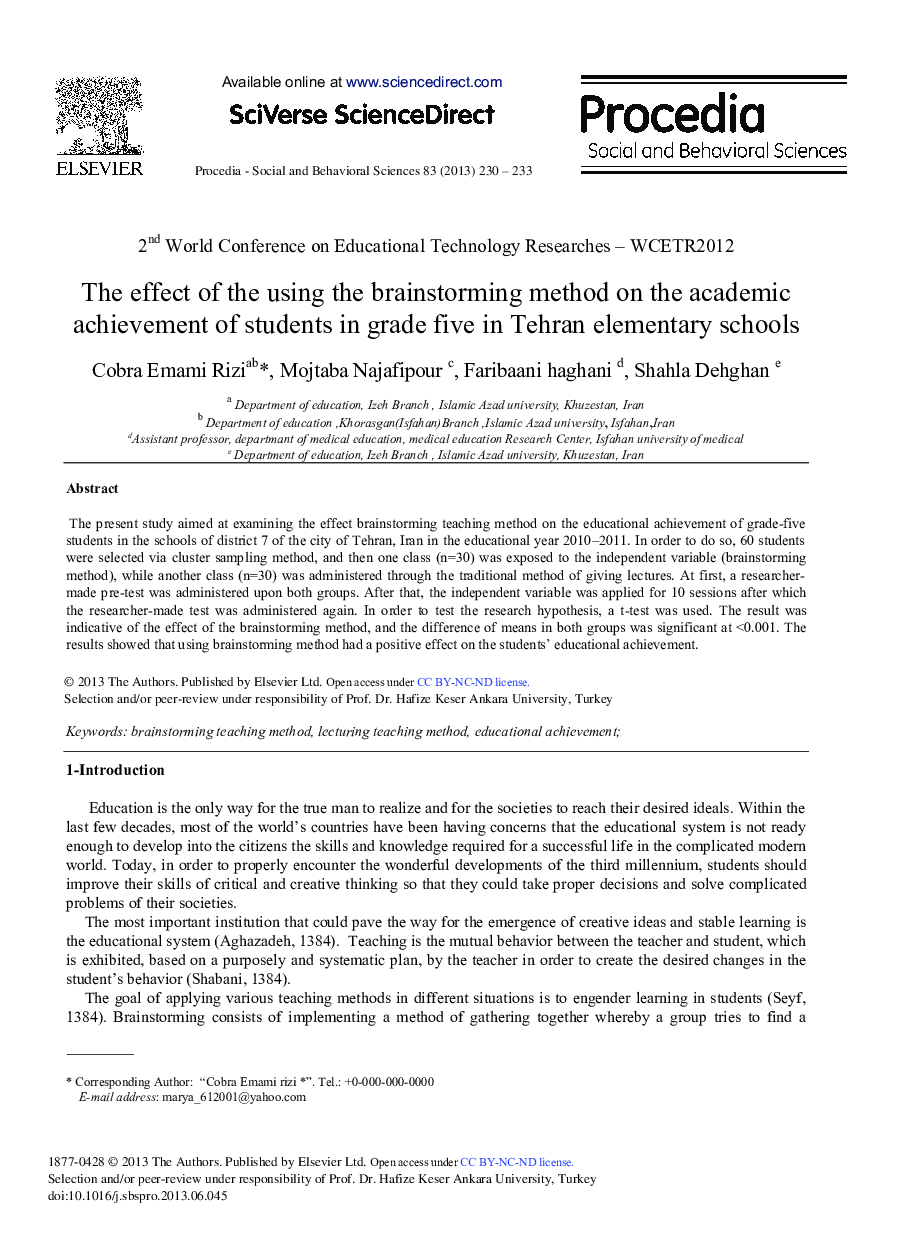 The Effect of the Using the Brainstorming Method on the Academic Achievement of Students in Grade Five in Tehran Elementary Schools 