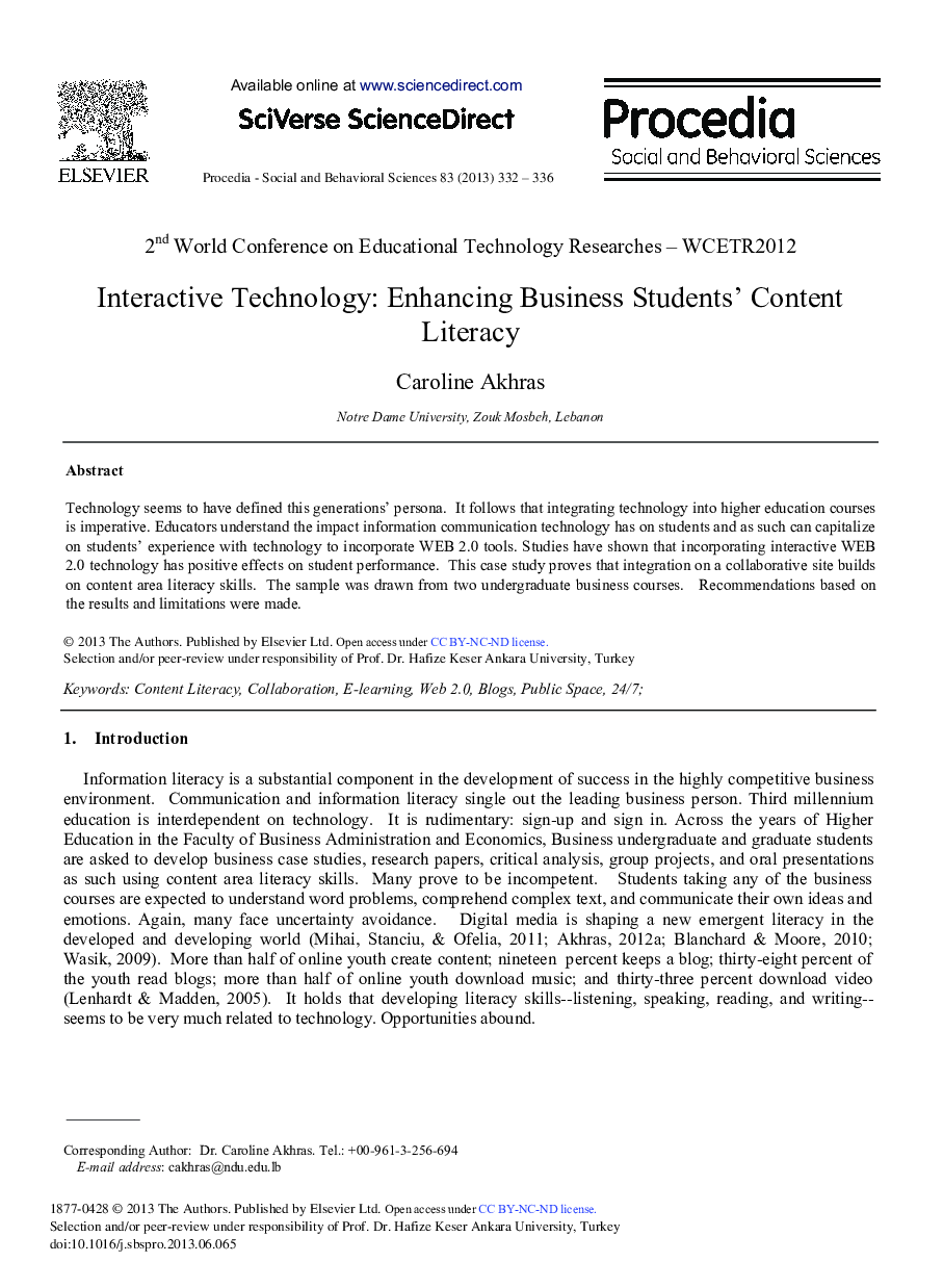 Interactive Technology: Enhancing Business Students’ Content Literacy 