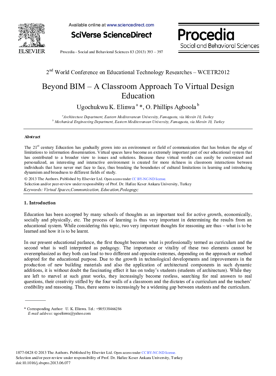 Beyond BIM – A Classroom Approach To Virtual Design Education 