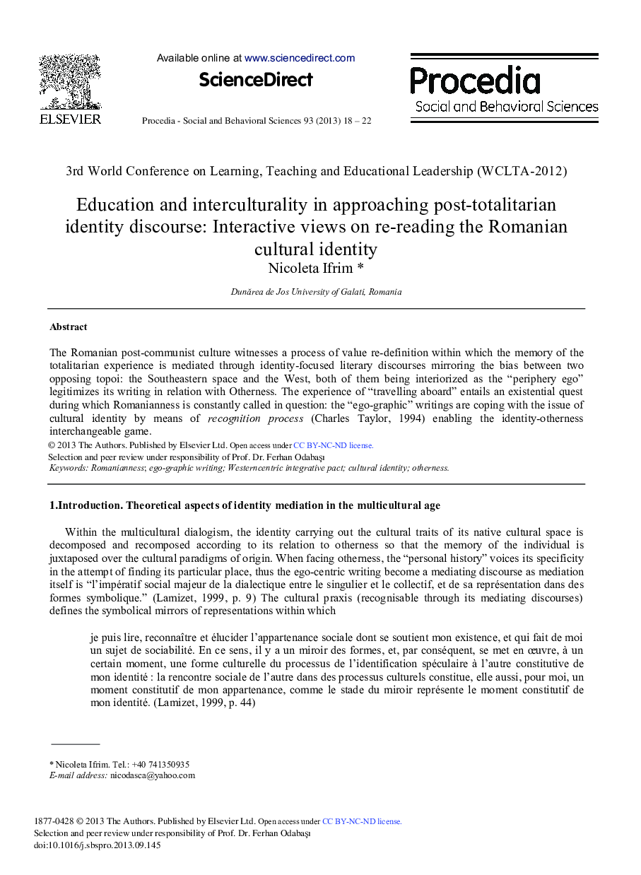 Education and Interculturality in Approaching Post-totalitarian Identity Discourse: Interactive Views on Re-reading the Romanian Cultural Identity 