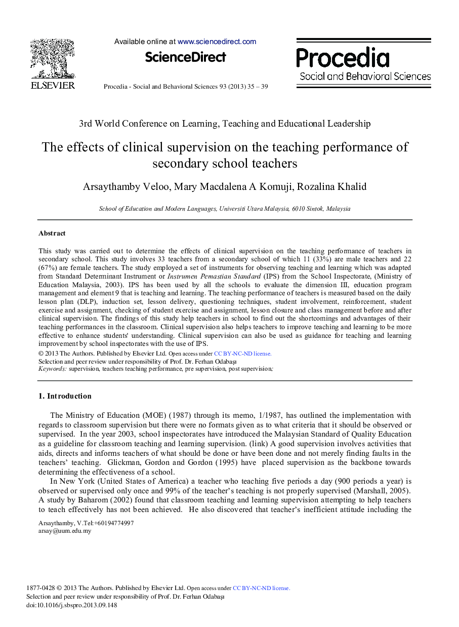 The Effects of Clinical Supervision on the Teaching Performance of Secondary School Teachers 