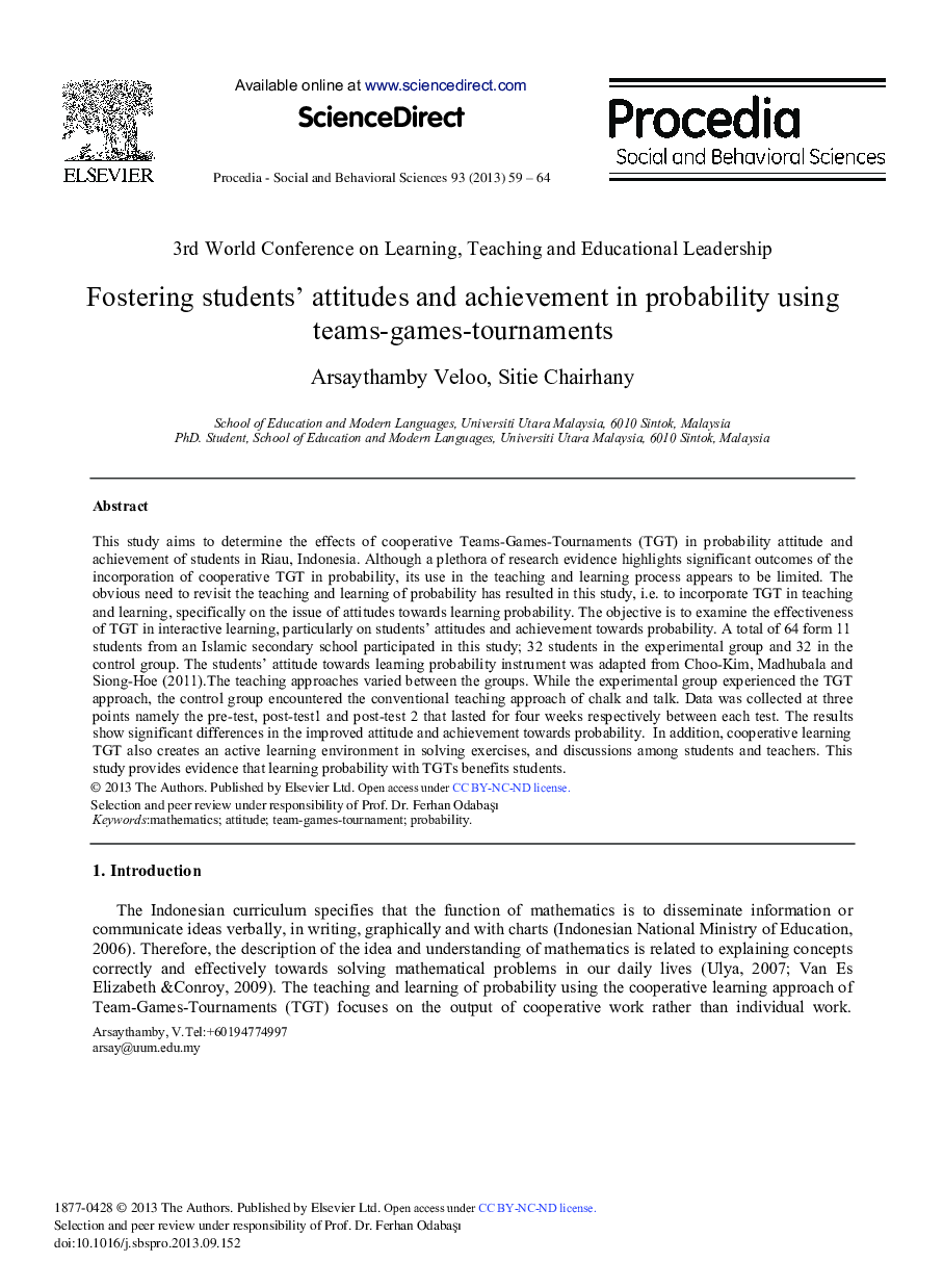 Fostering Students’ Attitudes and Achievement in Probability Using Teams-games-tournaments 