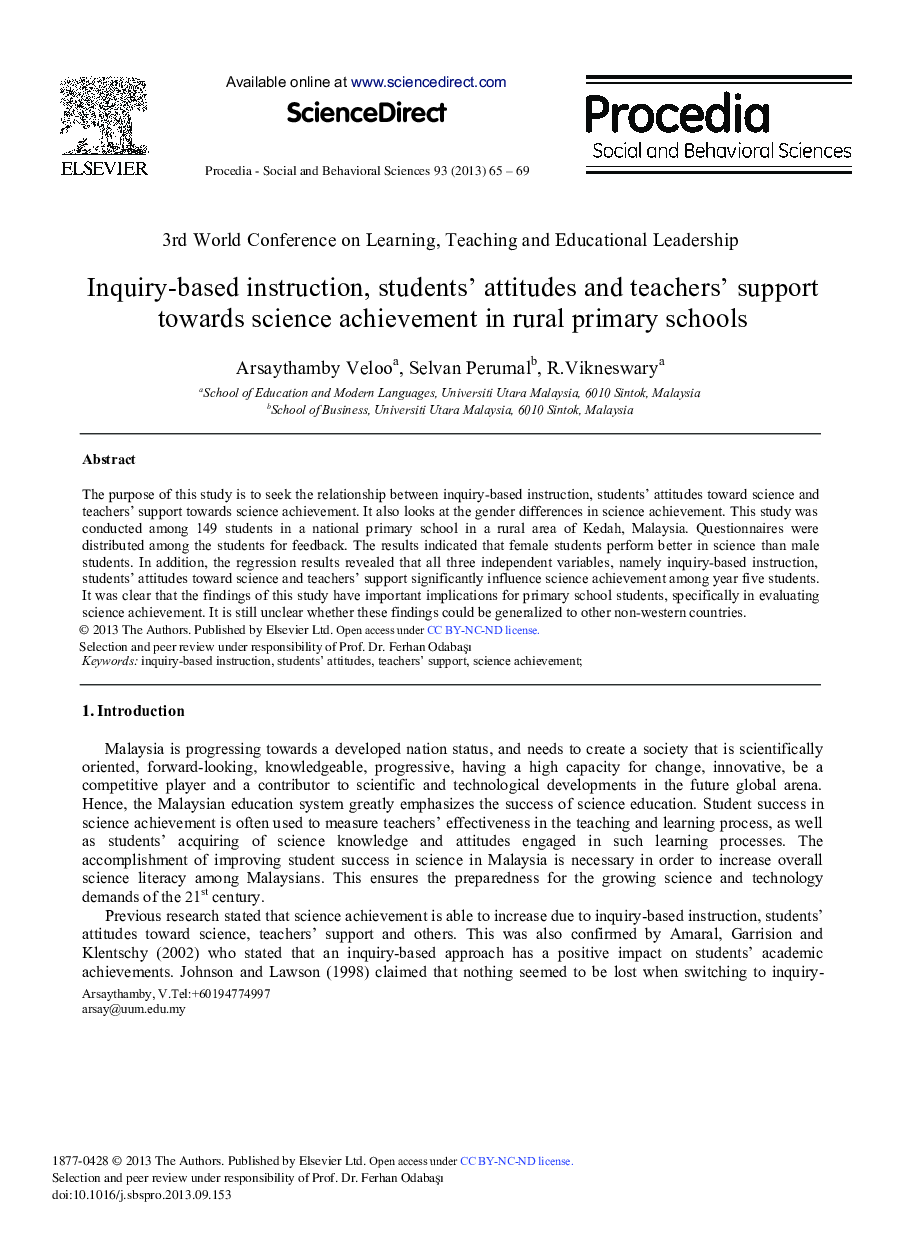 Inquiry-based Instruction, Students’ Attitudes and Teachers’ Support Towards Science Achievement in Rural Primary Schools 