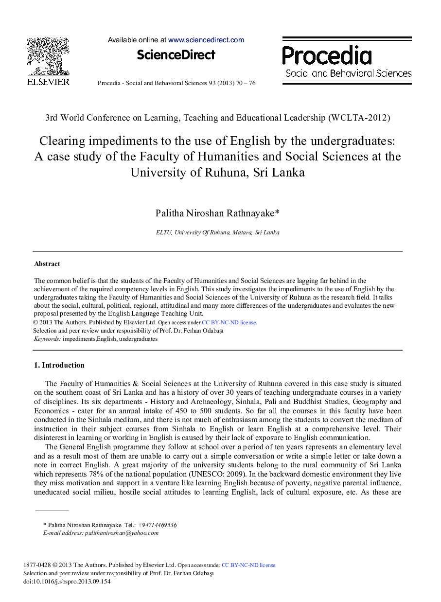 Clearing Impediments to the Use of English by the Undergraduates: A Case Study of the Faculty of Humanities and Social Sciences at the University of Ruhuna, Sri Lanka 