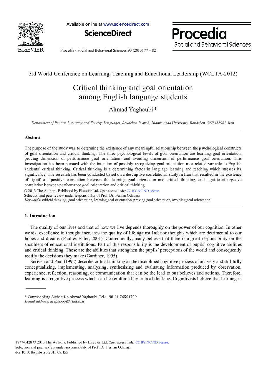 Critical Thinking and Goal Orientation Among English Language Students 