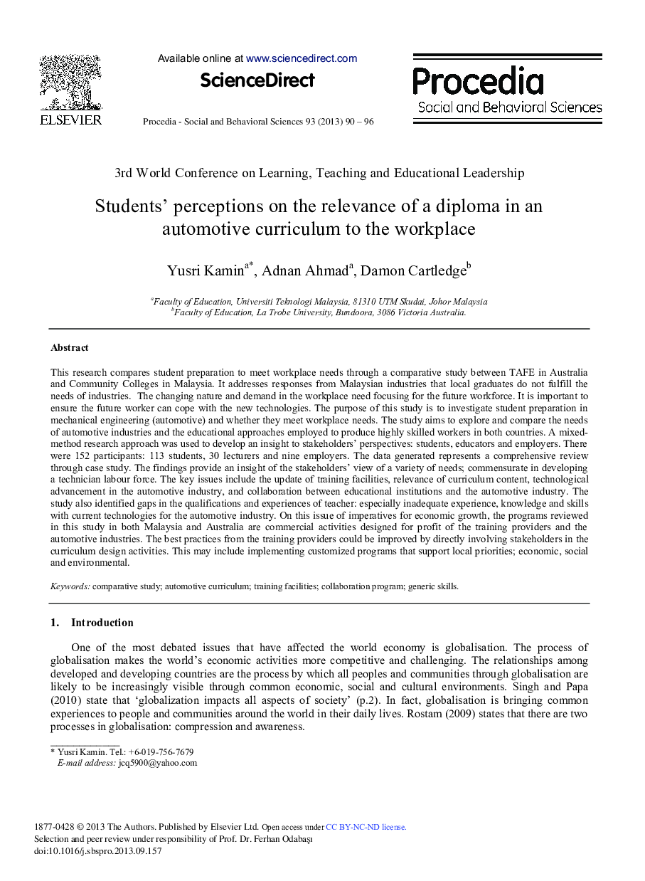 Student's Perceptions on the Relevance of a Diploma in an Automotive Curriculum to the Workplace 