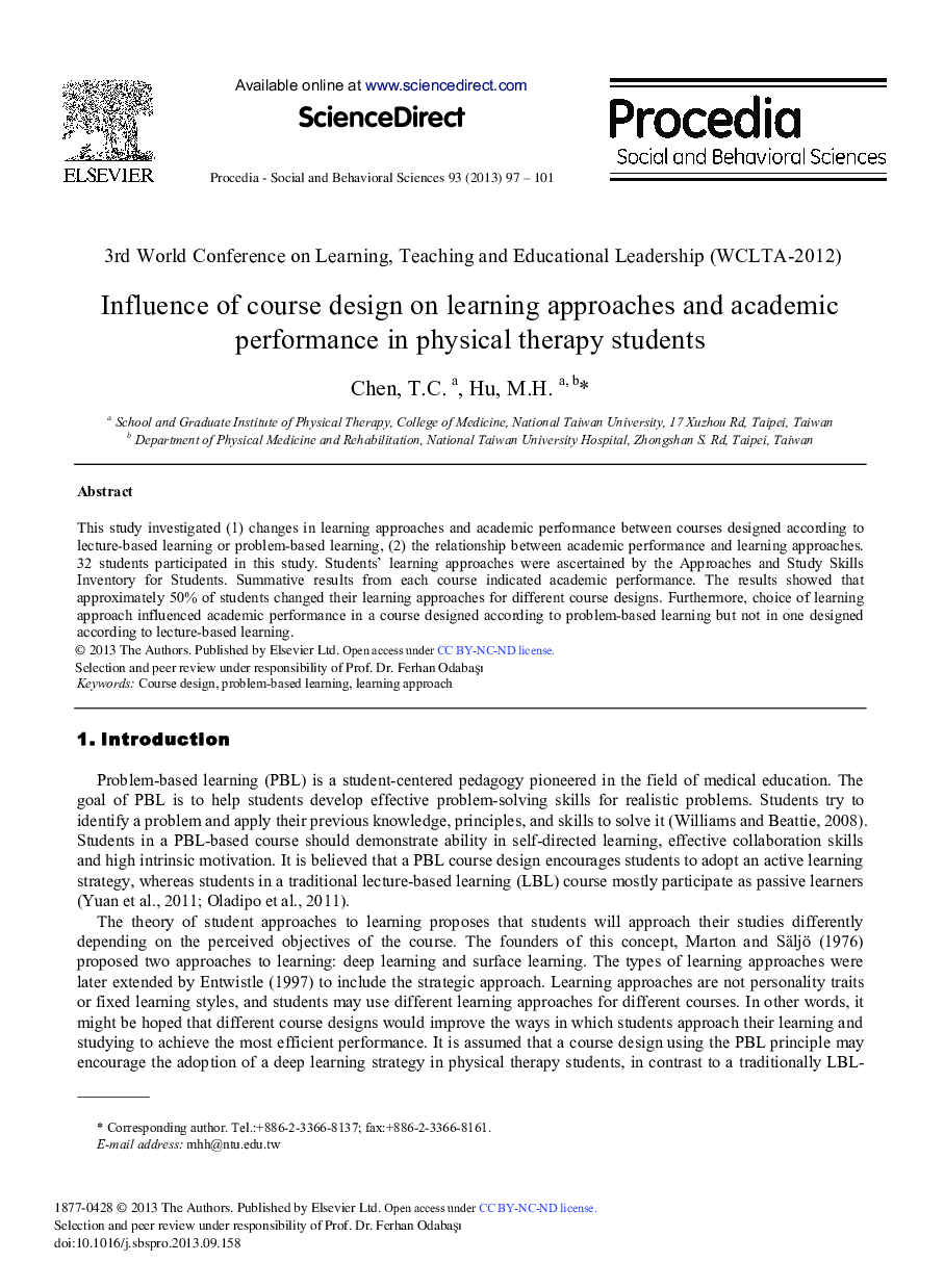 Influence of Course Design on Learning Approaches and Academic Performance in Physical Therapy Students 