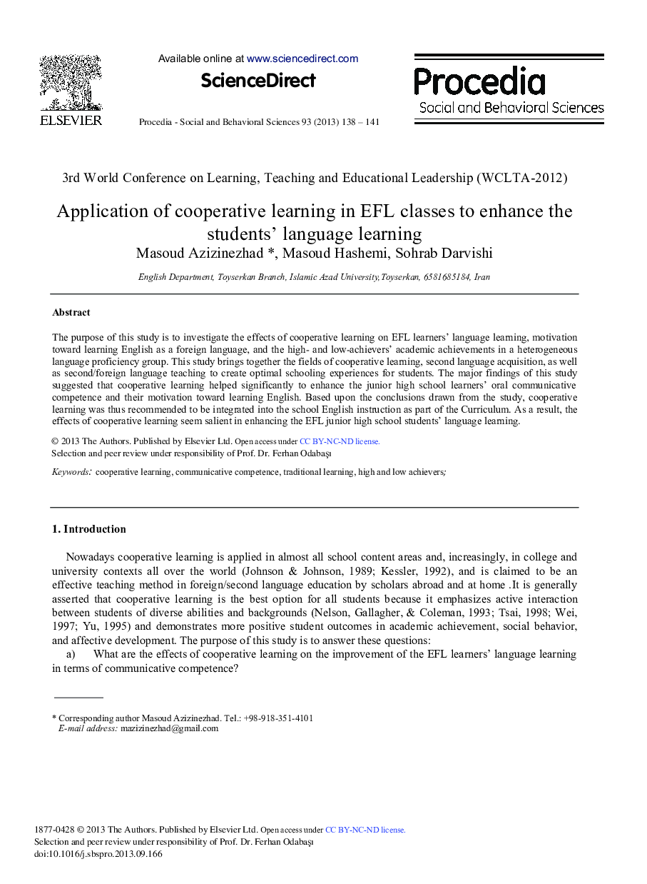 Application of Cooperative Learning in EFL Classes to Enhance the Students’ Language Learning 