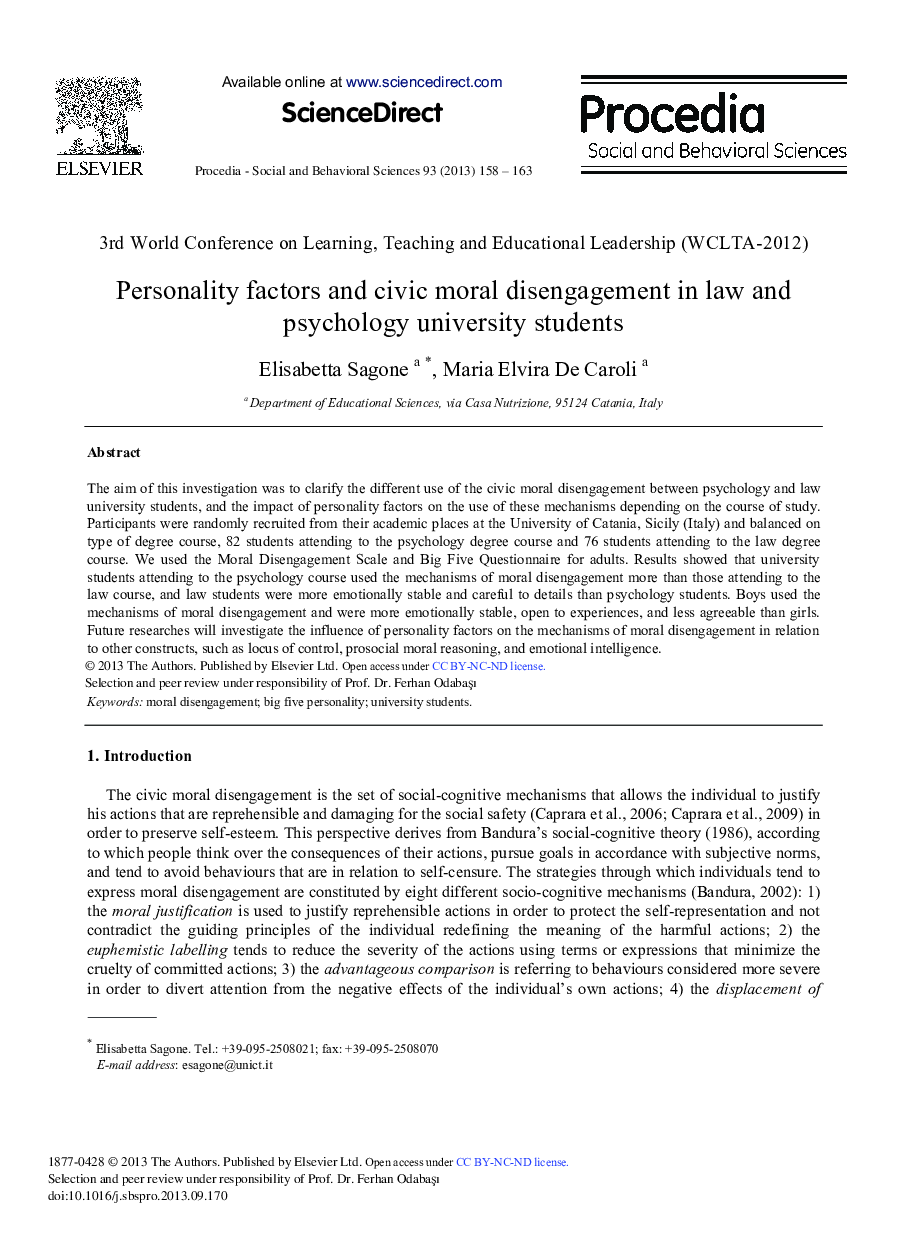 Personality Factors and Civic Moral Disengagement in Law and Psychology University Students 