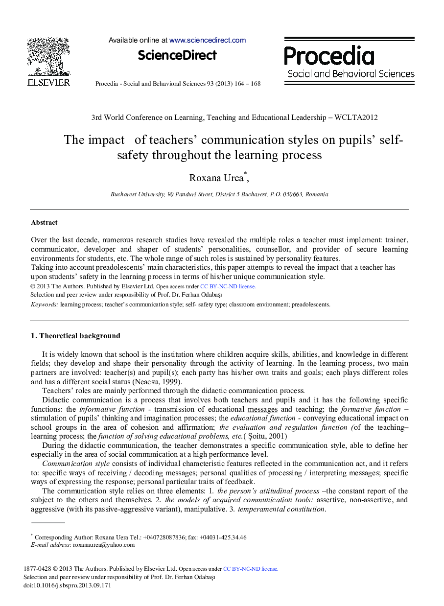 The Impact of Teachers’ Communication Styles on Pupils’ Self- safety Throughout the Learning Process 