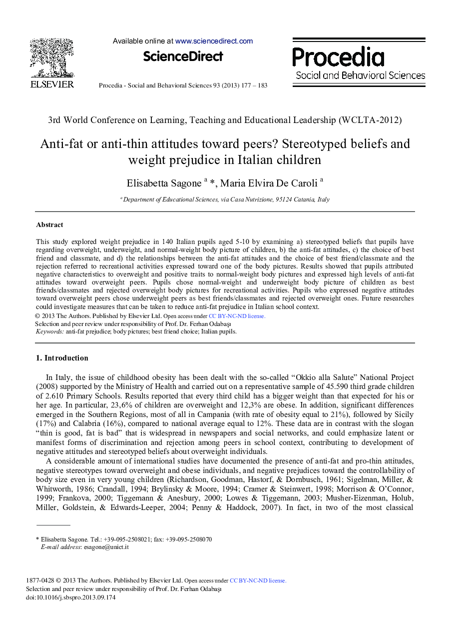 Anti-fat or Anti-thin Attitudes Toward Peers? Stereotyped Beliefs and Weight Prejudice in Italian Children 