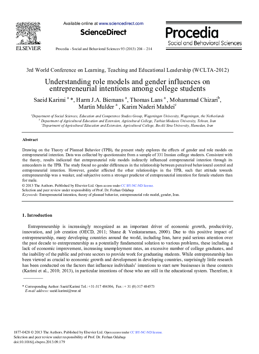 Understanding role Models and Gender Influences on Entrepreneurial Intentions Among College Students 