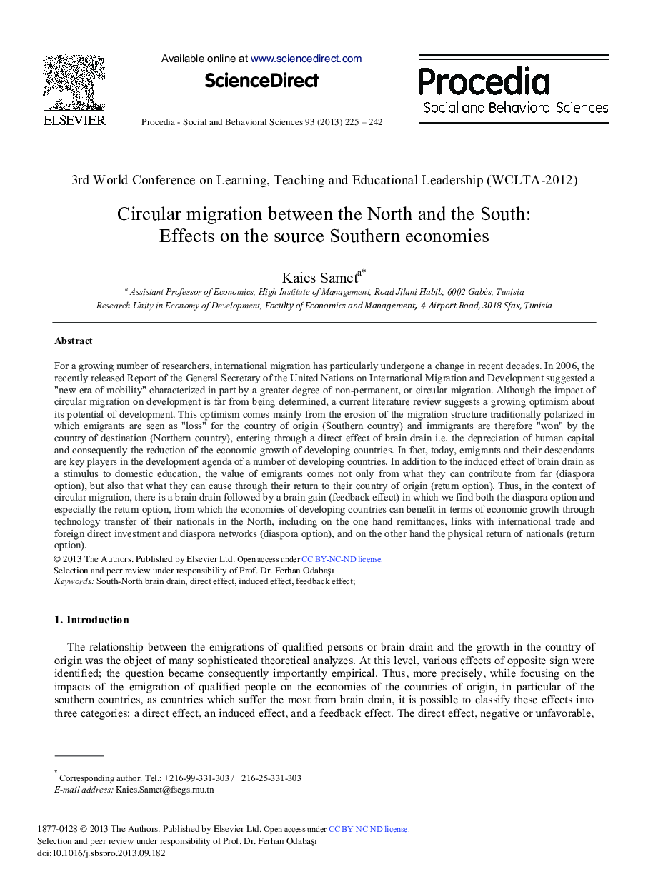 Circular Migration between the North and the South: Effects on the Source Southern Economies 