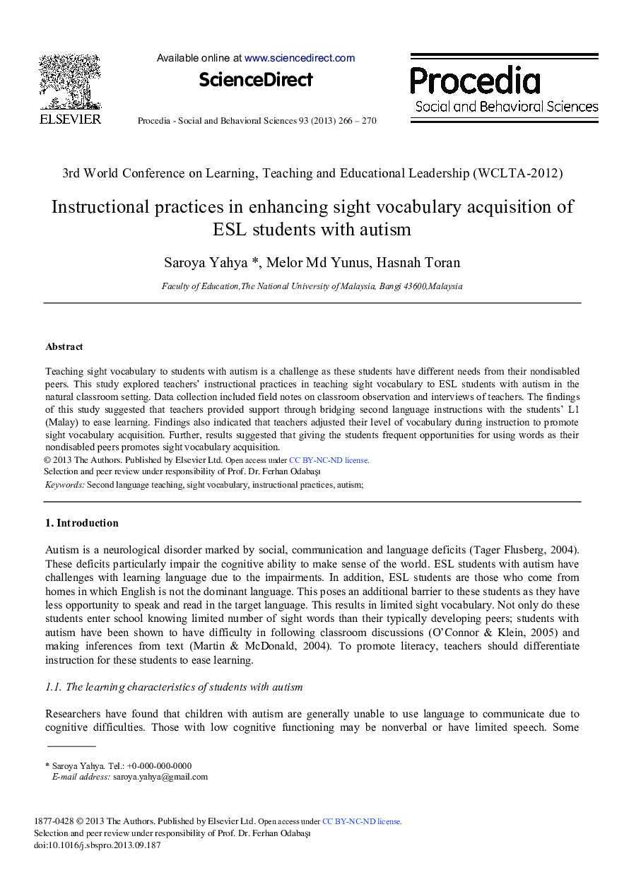 Instructional Practices in Enhancing Sight Vocabulary Acquisition of ESL Students with Autism 