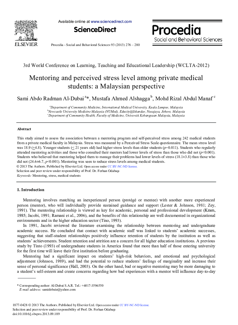 Mentoring and Perceived Stress Level Among Private Medical Students: A Malaysian Perspective 