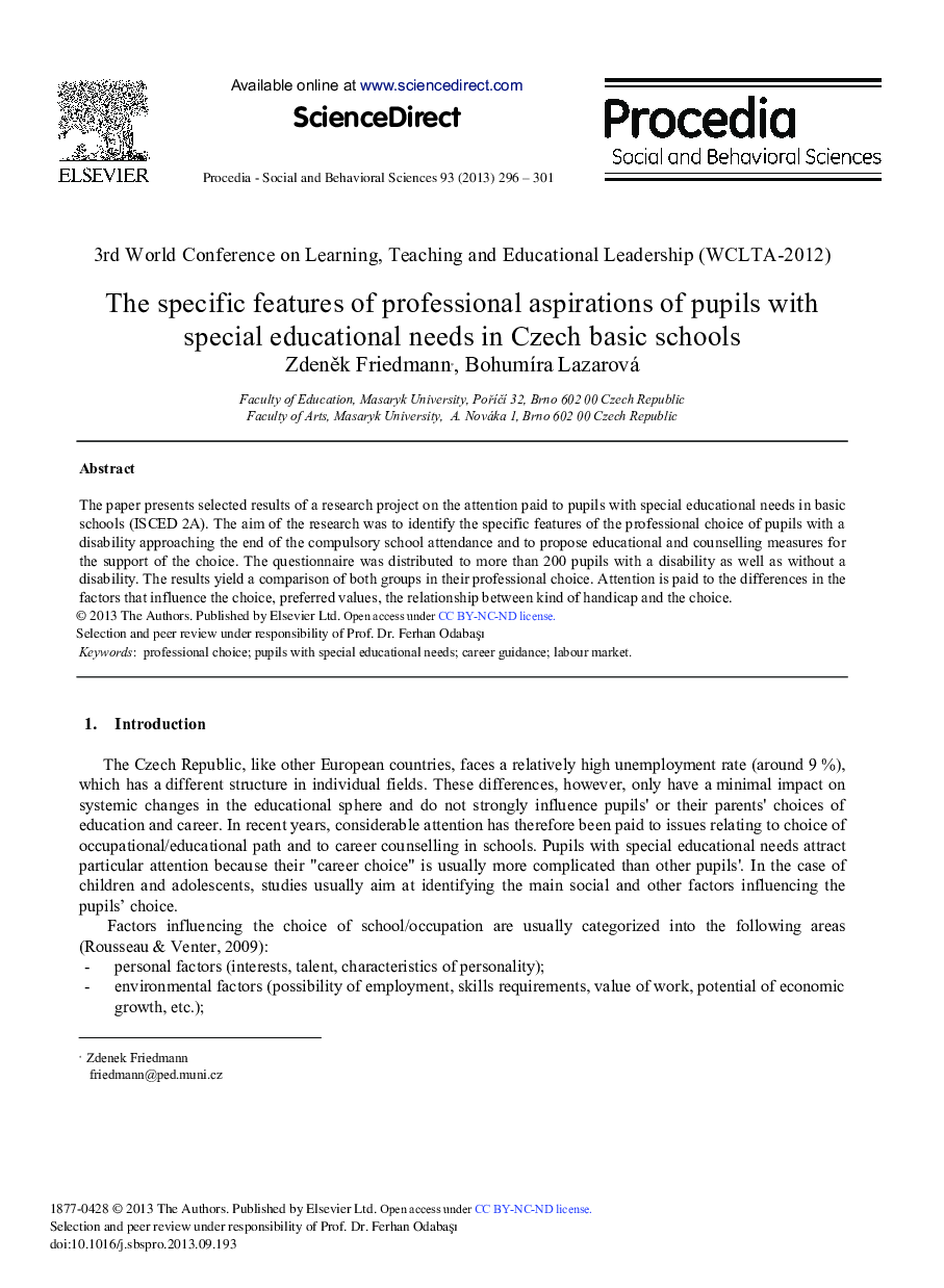 The Specific Features of Professional Aspirations of Pupils with Special Educational Needs in Czech Basic Schools 