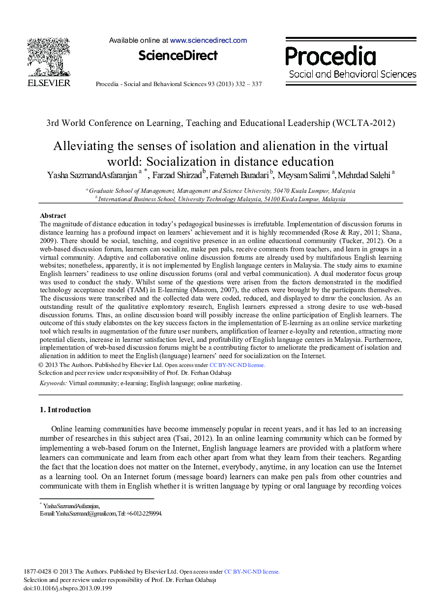 Alleviating the Senses of Isolation and Alienation in the Virtual World: Socialization in Distance Education 