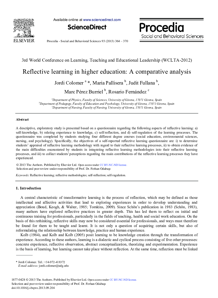 Reflective Learning in Higher Education: A Comparative Analysis 