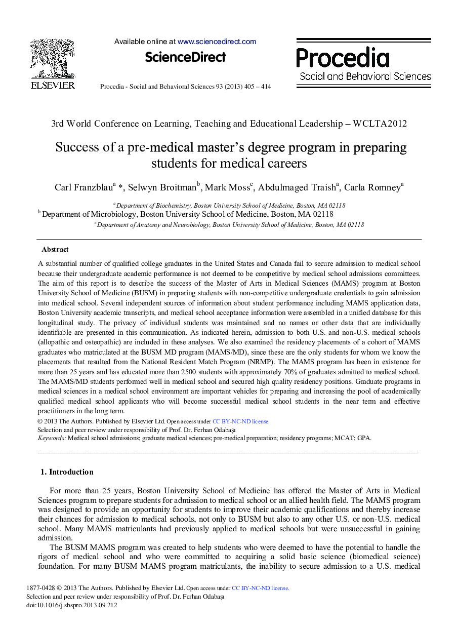 Success of a Pre-medical Master's Degree Program in Preparing Students for Medical Careers 