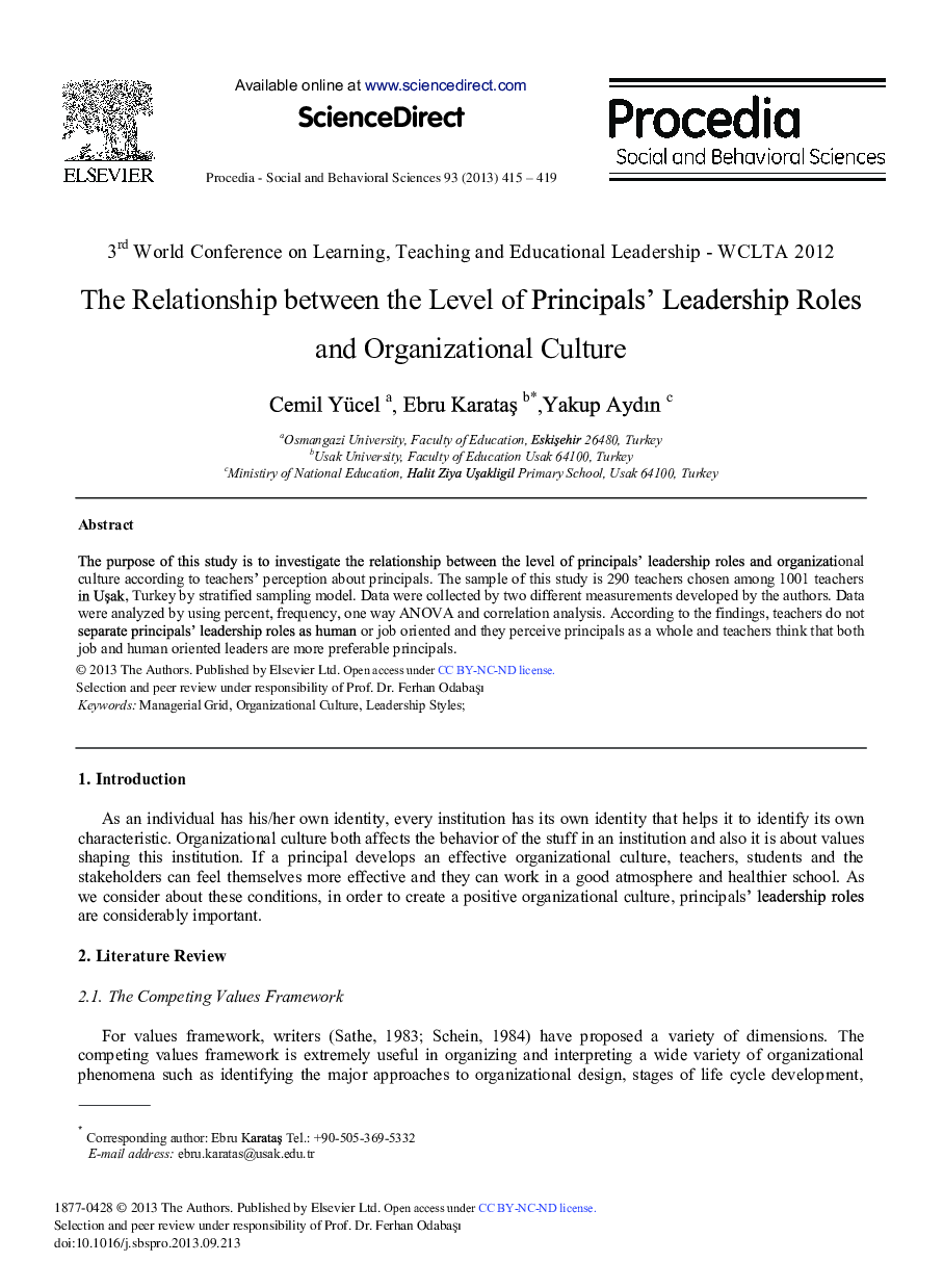 The Relationship Between the Level of Principals’ Leadership Roles and Organizational Culture 