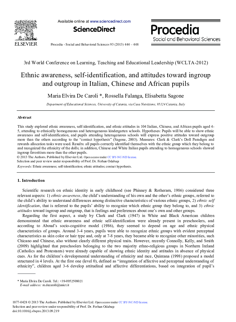 Ethnic Awareness, Self-identification, and Attitudes Toward Ingroup and Outgroup in Italian, Chinese and African Pupils 