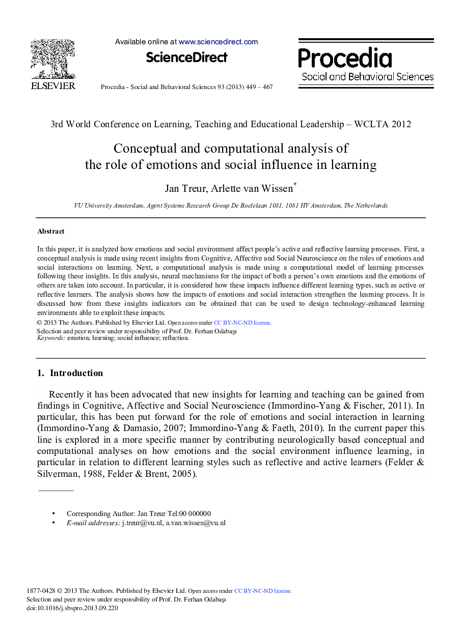 Conceptual and Computational Analysis of the Role of Emotions and Social Influence in Learning 