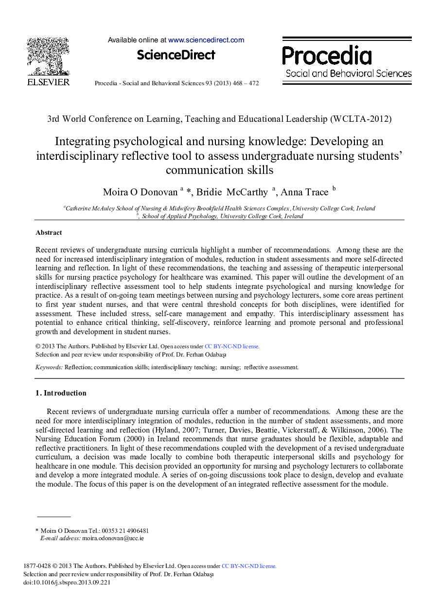 Integrating Psychological and Nursing Knowledge: Developing an Interdisciplinary Reflective Tool to Assess Undergraduate Nursing Students’ Communication Skills 