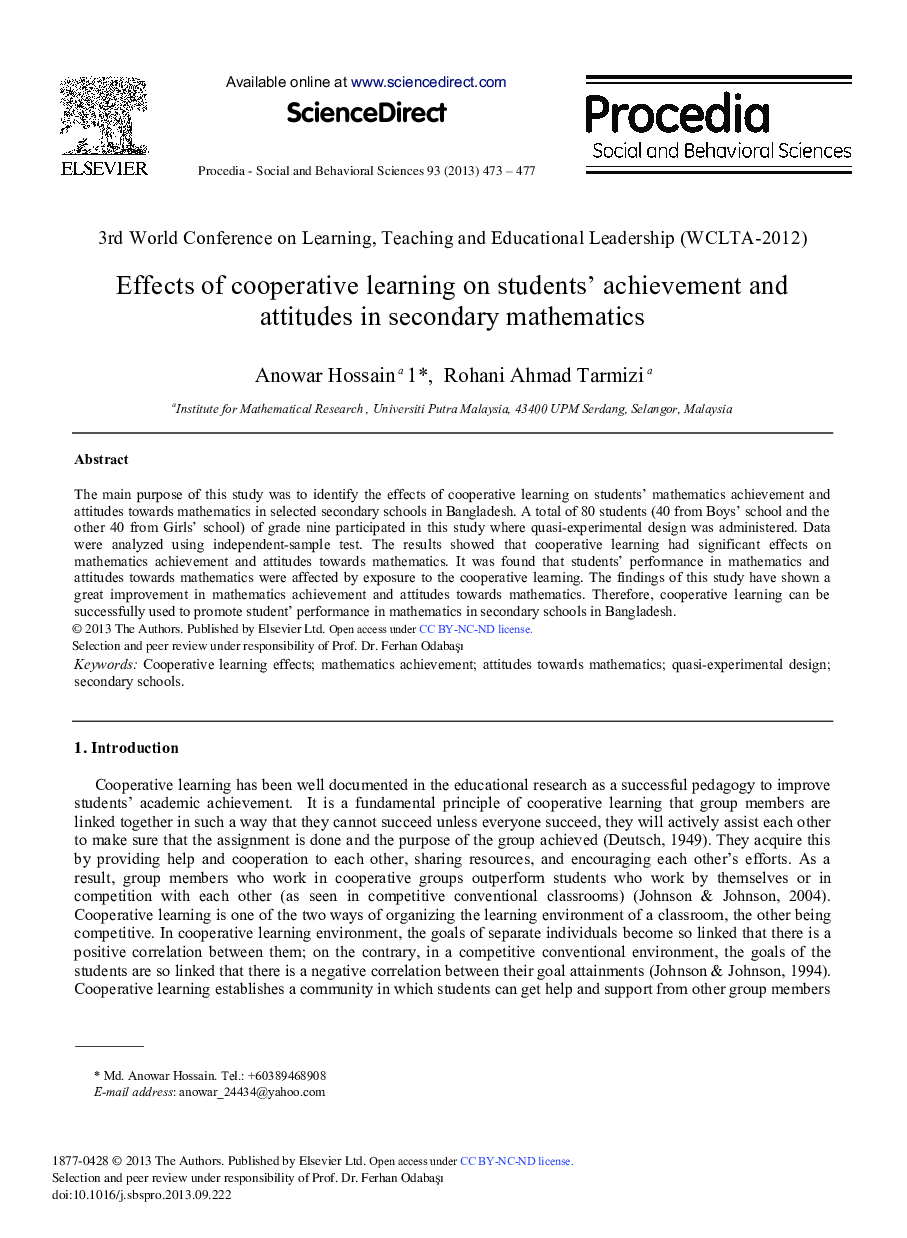 Effects of Cooperative Learning on Students’ Achievement and Attitudes in Secondary Mathematics 