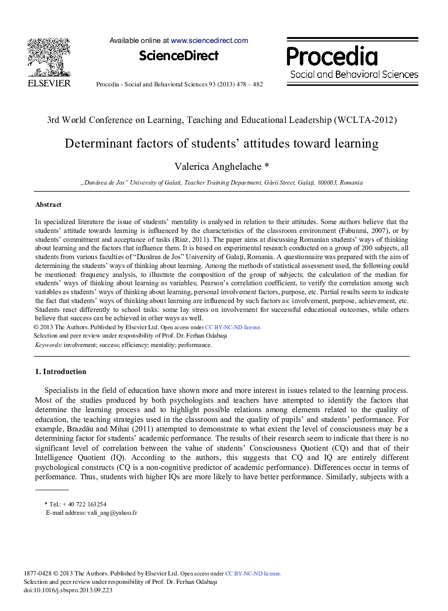 Determinant Factors of Students’ Attitudes Toward Learning 