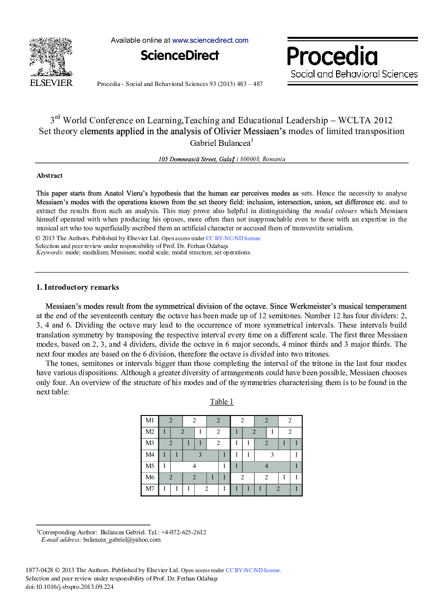 Set Theory Elements Applied in the Analysis of Olivier Messiaen's Modes of Limited Transposition 