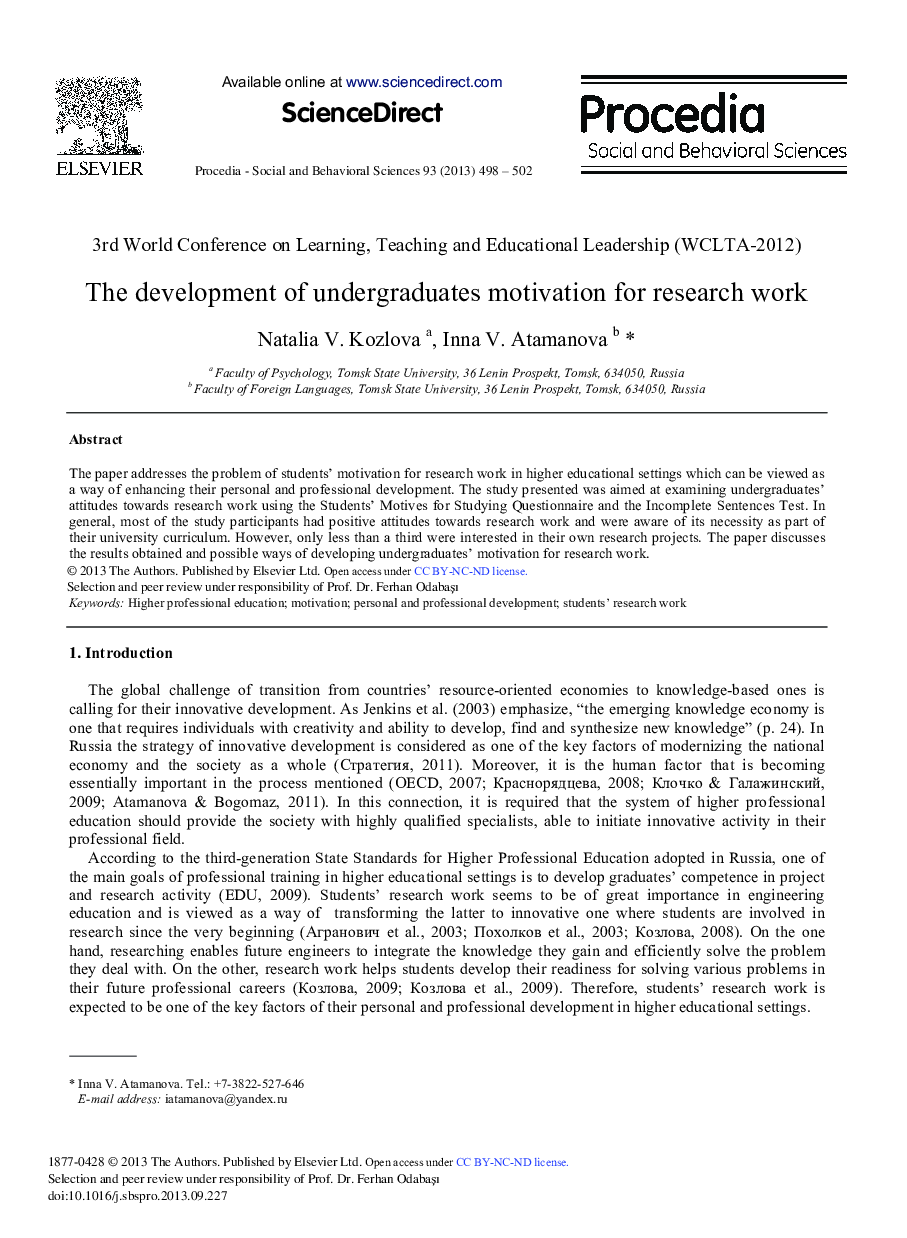 The Development of Undergraduates Motivation for Research Work 