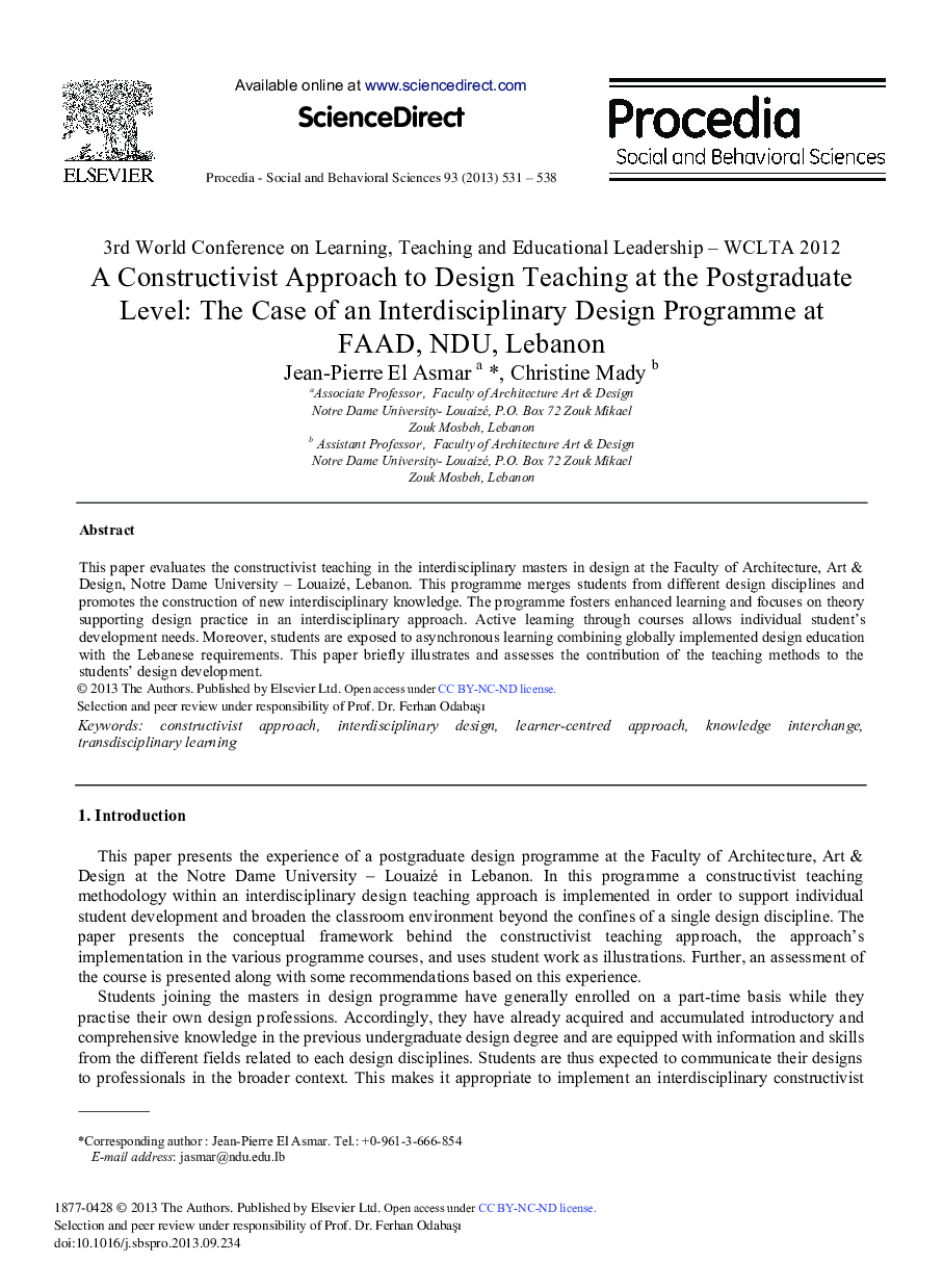 A Constructivist Approach to Design Teaching at the Postgraduate Level: The Case of an Interdisciplinary Design Programme at FAAD, NDU, Lebanon 